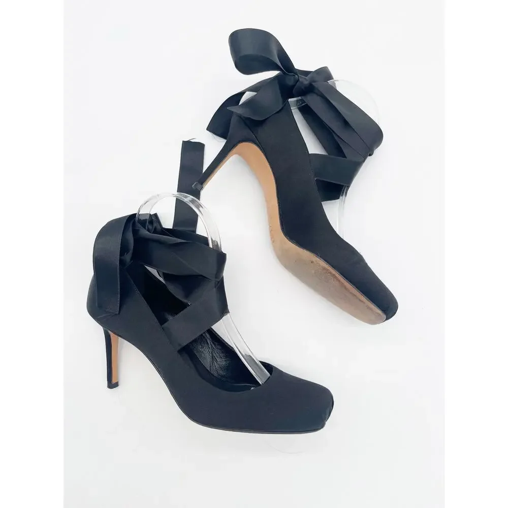 Chanel Vintage Black Satin Crystal Logo Ankle Lace Up Ballet Pumps Heels EU 37.5